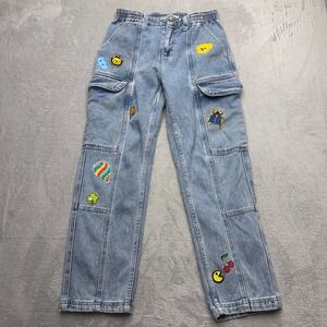 PacSun Cargo Jeans Womens M Blue Light Wash Embroidered Patch Straight Leg Denim